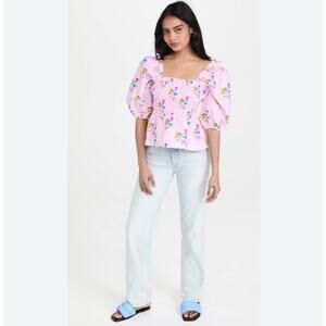 Ganni Lilac Floral Smock Top Square Neck Puff Sleeve Spring Size 44 New V13